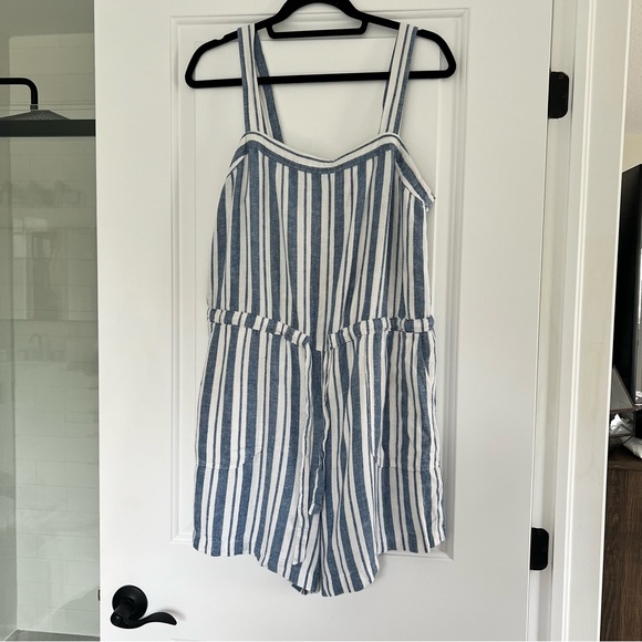 Linen-blend blue and white striped romper - Picture 3 of 6